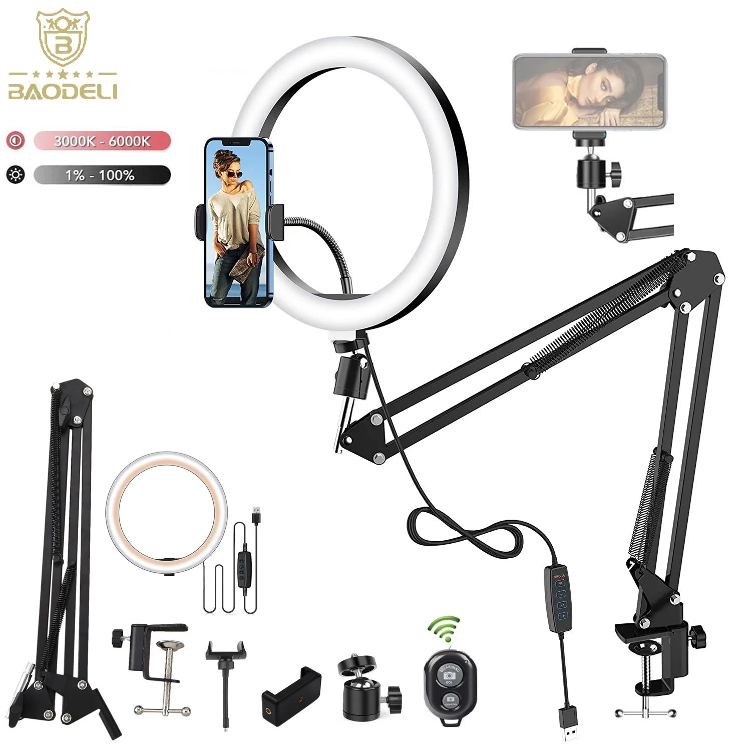 LED Selfie Ring Light Phone Stand with Folding Arm Circle Fill Light Dimmable Tripod Photography Ringlight for Youtobe Streaming
