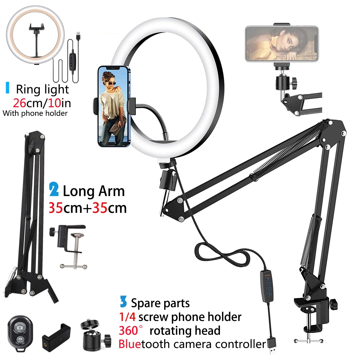 LED Selfie Ring Light Phone Stand with Folding Arm Circle Fill Light Dimmable Tripod Photography Ringlight for Youtobe Streaming